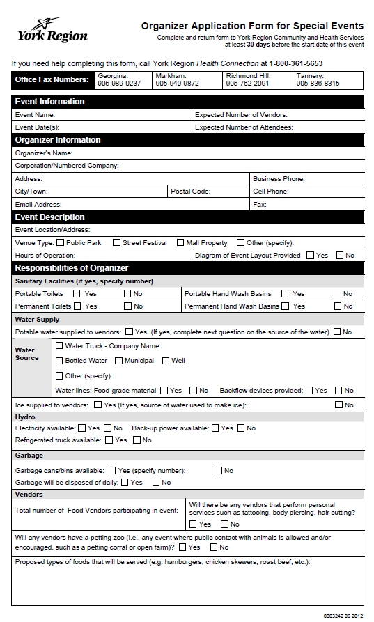 York Region - Organizer Application Form for Special Events